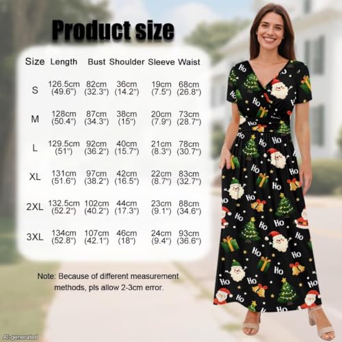 Image of Women's Fall Summer Short Sleeve Ankle Length V-Neck Party Dress with Pockets Size S-3XL
