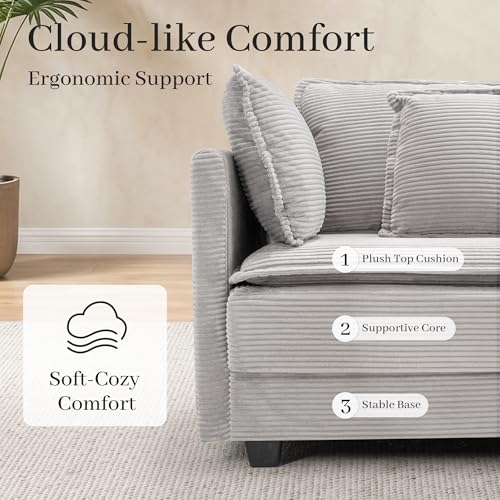 Image of Corduroy Sectional Couch, 3 Seater 113 inch Cloud Couch, Modular Deep Seat Sofa with Pillows for Living Room, Apartment, Lightgrey