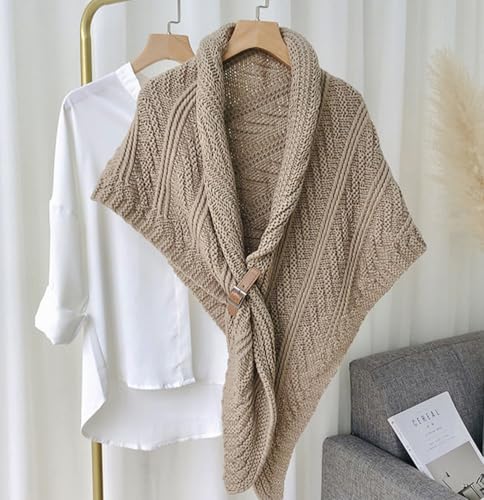 Women's Cable Knit Triangle Shawl Wrap Scarf Warm Winter Elegant Stylish Knitted Scarf with Leather Buckle2