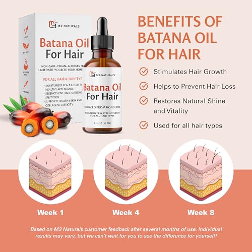 M3 Naturals Batana Oil for Hair Growth & Skin – Dr. Sebi 100% Pure, Unrefined & Cold-Pressed from Honduras – For Thicker Hair, Stronger Strands & Smoother Skin – Vegan, Non-GMO – 2 FL OZ
