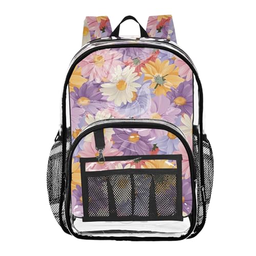 Joitme Mochilas de margaritas rosadas, moradas, blancas y amarillas para niños, bolsa de plástico transparente, mochila escolar transparente, Rosa, morado, blanco, amarillo, margaritas, Talla única,