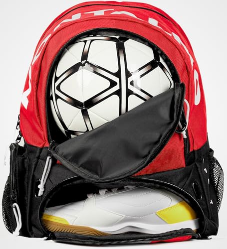 MONTALMO Rucksack für Basketball, Voley, Handball, mit Schuhfach und Ballfach, Sportrucksack für Jungen, Mädchen (Rot/Schwarz)