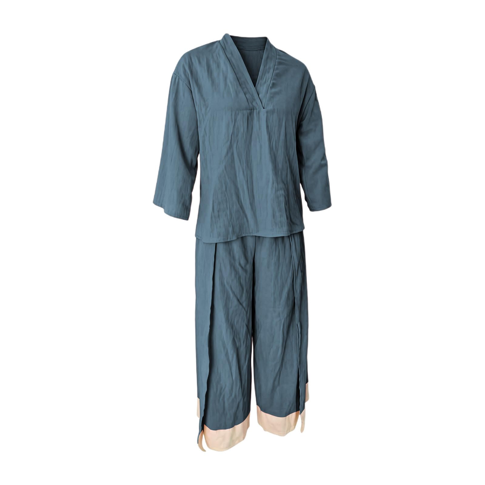 Generisch Damen Sommeroutfit mit französischem Kragen Bluse weiter Hose – leichtes atmungsaktives Set für Reise Büro Freizeit Alltag Date Shopping (Blue, S)