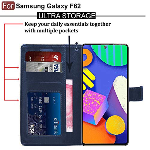 Image of CEDO Flip Cover for Samsung Galaxy F62 (4G) | Leather Finish | Inside Pockets & Inbuilt Stand | Shockproof Wallet Style Magnetic Closure Back Case Flipcover (Blue)