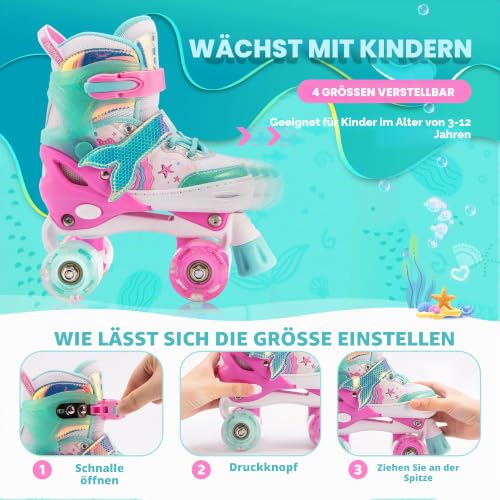 NEMONE Kinder Rollschuhe für Mädchen | 4 Größen Verstellbar Leucht Rollschuhe, Meerjungfrau...