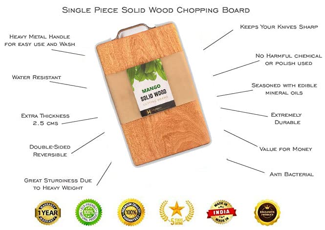 Image of Hutson Mango Wood Cutting Board Large 40 x 26 cm with Handle - Heavy Duty Wooden Chopping Board