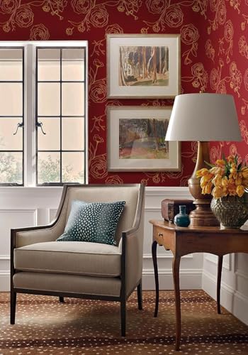 Image of Red and Gold Rose Wallpaper - Self Adhesive Peel and Stick Floral Wall Stickers, Waterproof PVC Vinyl Decorative Paper for Home, Bedroom, Living Room & Furniture (45cm x 300cm)