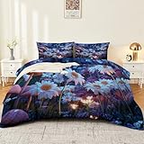 Atmungsaktiv Bettwäsche 135 x 200 cm, Weiche Kuschelige Mikrofaser Fantasie Pflanzen Gänseblümchen Pilze Bedruckte Bettbezug Set mit Reißverschluss - Dunkelblau Anti-Pilling Wendebettwäsche