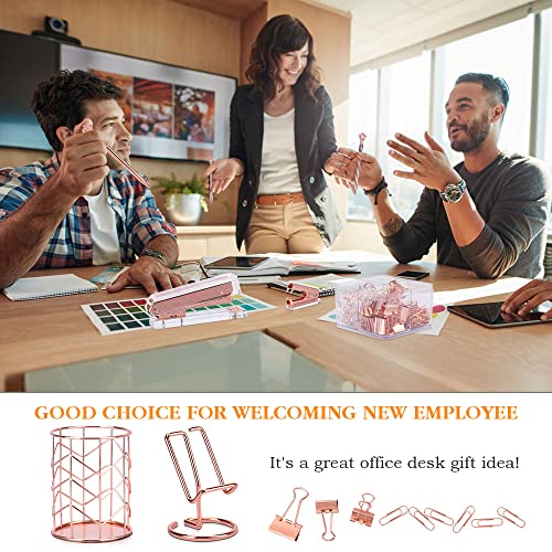 Rose Gold Office Supplies And Accessories, Acrylic Stapler, Staple Remover, Tape Dispenser, Pen Holder, Phone Holder, Scissors, Paper Clips, Binder Clips, 2 Pen And 1000 Pcs Staples #TOP4