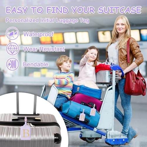 Image of Initial Luggage Tags for Suitcases, Cute Embroidered Letter Luggage Bag Suitcase Identifier Name Baggage Tag, PU Leather Travel Luggage Tags, Bag Tags for Men Women Kids Luggage Handbags(Purple B)