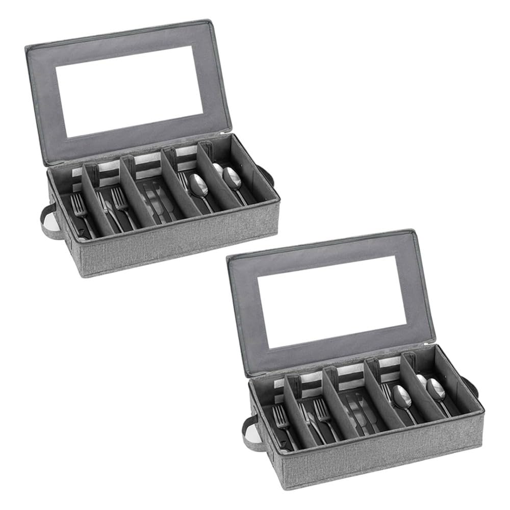 CTRLZS Flatware Utensil Storage Case-2 Pack Sturdy Silverware Storage Box with Dividers, 5 Compartment