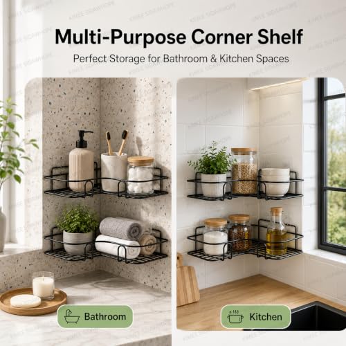 Image of Nieifi KIMEE Set of 2 Metal Bathroom Corner Shelf | Rustproof No-Drill Self Adhesive Wall Mounted Storage Rack for Bathroom and Kitchen | Heavy Duty Shower Caddy Organizer, 8 and 9 Inch, Black