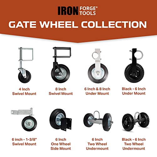 Image of Iron Forge Tools Fence Gate Wheel - 6 Inch Rolling Gate Wheels for Wooden or Metal Tube Gates - Heavy Duty on 7 in Axle - Adjustable Steel U-Bolts for Easy Mounting