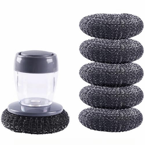 Image of Soap Dispense Palm Scrub dishwashing Kitchen Scrubber Press Automatic Liquid wash Pot (Steel Wire)
