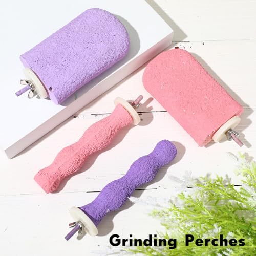 Image of Soulchen 4 Pcs Bird Beak Grinding Calcium Stone Perches Large 4.8 Inch Parrot Teeth Mouth Molar Cage Platform Paw Grinding Sticks Jumping Stand for Macaws Parakeets Finches Cockatiel(Purple,Pink)