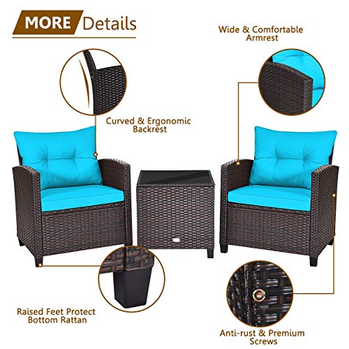 KOTEK 3 Piece Patio Furniture Set, Outdoor Conversation Set with Washable Cushions & Tempered Glass Tabletop, PE Rattan Wicker Bistro Set for Porch, Garden, Balcony (Turquoise) - Image 4