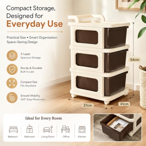 Image of Heavy Duty Plastic Storage Drawer with Wheels | Modular Cabinet for Bedroom, Office, Home or Classroom| Chest of Drawers Organiser for Cosmetics, Kitchen items, Toys (Brown, 3)