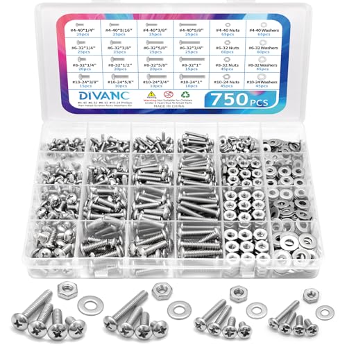DIVANC 750Pcs Nuts and Bolts Assortment Kit, 10-24#8-32#6-32#4-40 Phillips Pan Head Assortment Stainless Steel Bolts Nuts Flat Washers Nuts Bolts, Hardware Assortment Kit (Phillips Pan Head)