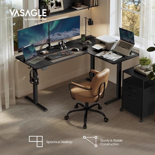Image of VASAGLE L Shaped Electric Standing Desk, 63 x 47.2 Inches, Height Adjustable Corner Desk with Power Outlets, 2 Memory Buttons, Easy to Assemble, for Home Office, Black ULSD242B01