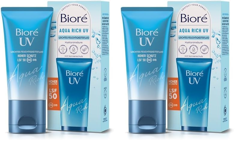 Biore Aqua Rich UV - Leichtes Feuchtigkeitsfluid für das Gesicht - Sonnenschutz - Lichtschutzfaktor LSF 50 - UVA/UVB - Funktioniert unter Make-Up - Nicht-fettend (Packung mit 2)