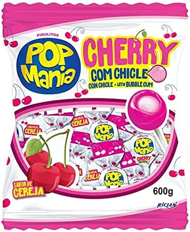 Pirulito Pop Mania Cherry Recheio Chiclete c/50 - Riclan