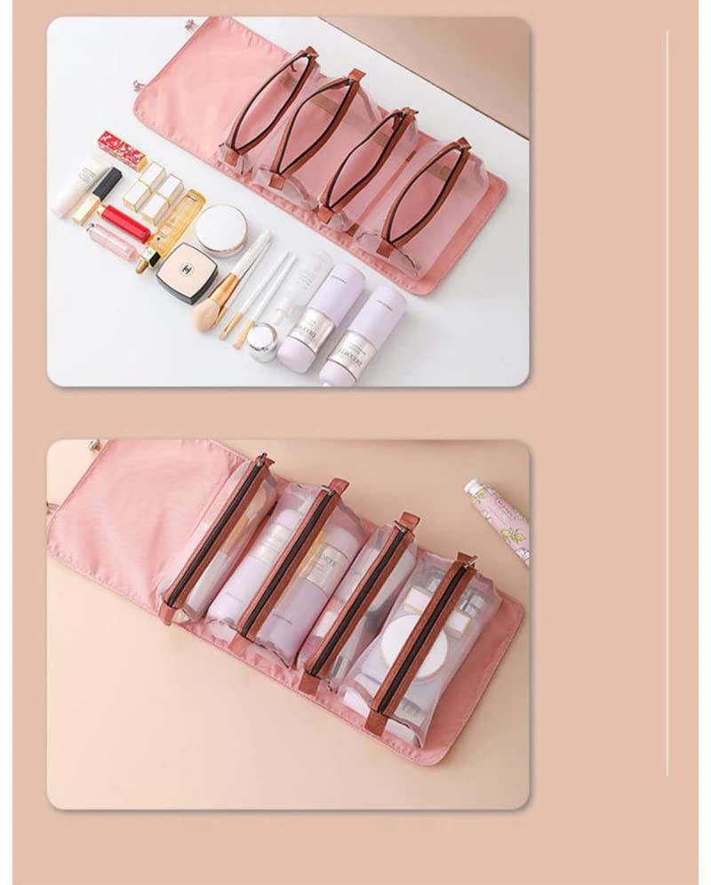 OMAZING KITCHEN 4 in 1 Foldable Hanging Roll Up Makeup Toiletry Bag for Travel Organizer Cosmetic Storage for Women (Pink) 2