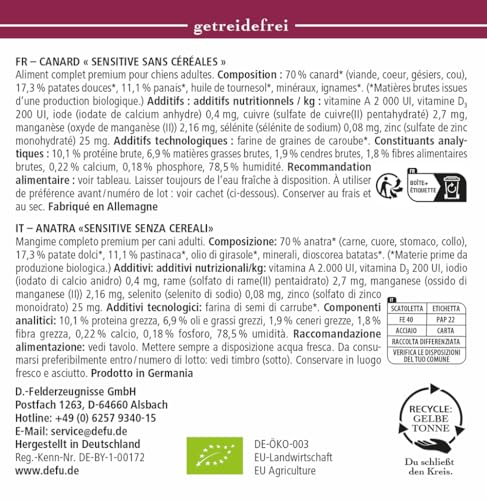 defu Hundefutter | 6 x 820 g | Bio Ente Sensitiv getreidefrei | Premium Bio Nassfutter Menü | Alleinfuttermittel für Hunde