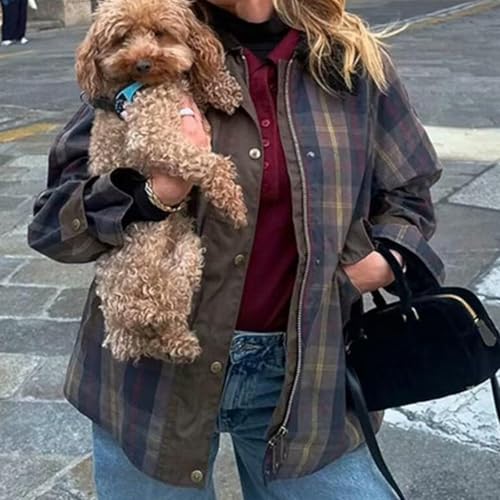 Womens Plaid Casual Fashion Jacket Long Sleeve Lapel Collar Button Up Zipper Shacket Jacket Tops4