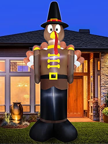 TURNMEON 12 Ft Giant Thanksgiving Inflatable Turkey with Pilgrim Hat Thanksgiving Fall Autumn Decorations Outdoor Indoor Holiday Decor Blow up Lighted Yard Garden Lawn Home Party