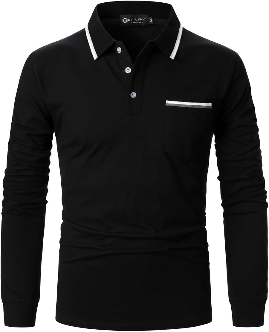 STTLZMCPolo Shirt for Men Long Sleeve Casual Basic Classic Golf Sport Cotton T-Shirt with Pocket