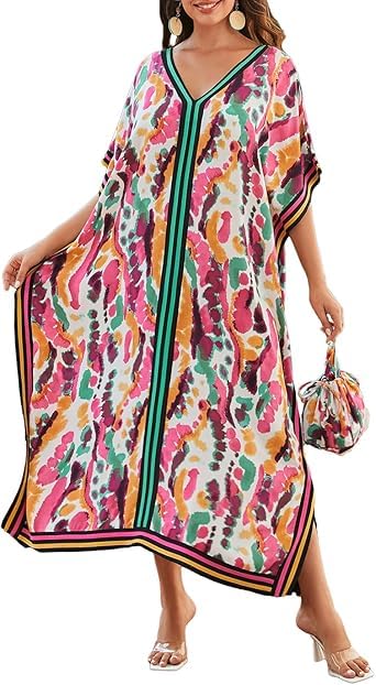 GenericLong Kaftan Dresses for Women Casual Caftan Coverup Print Swimsuit Cover Up Resort Wear