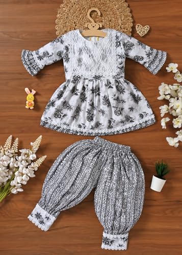 Image of Baby Girls Yellow Ethnic Clothing Set, Mirror Work Embroidered Frock with Zigzag Print Pants, Comfortable Cotton Outfit for Kids