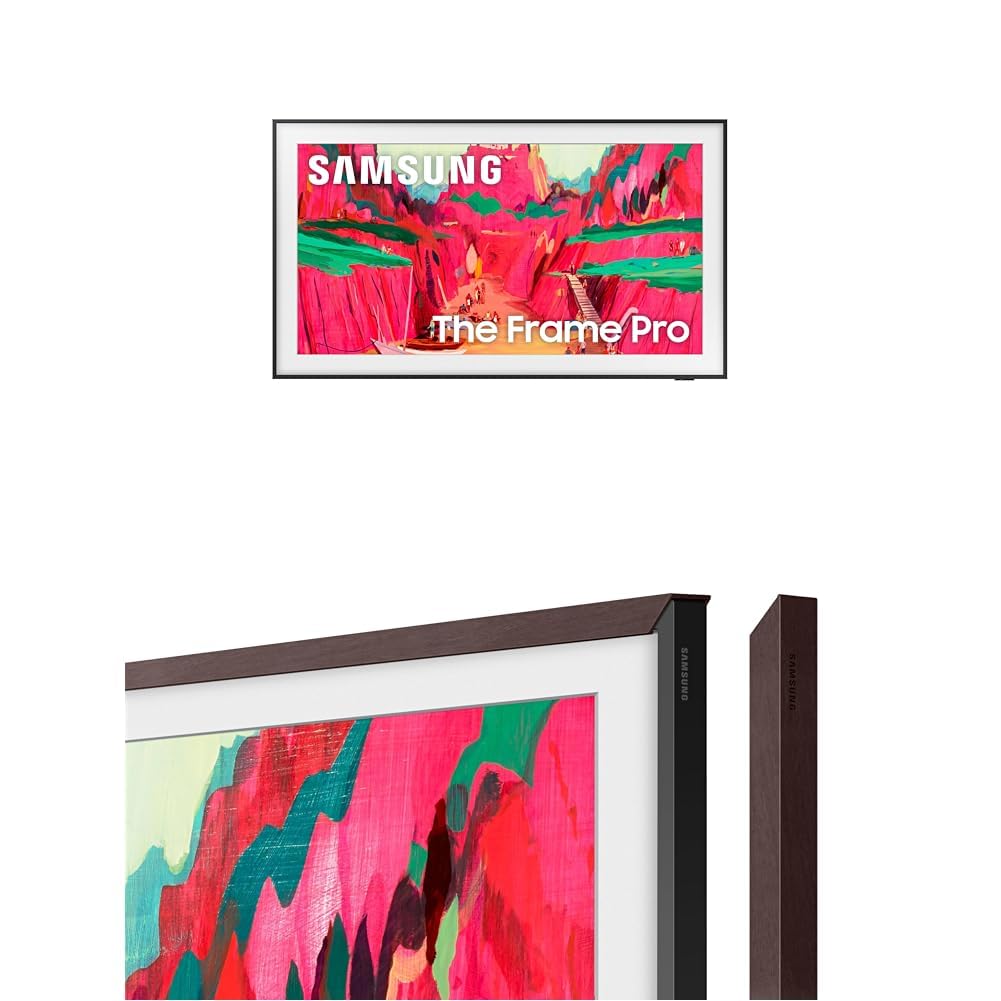 samsung 85-inch the frame pro ls03fw 4k neo qled mini led smart tv 2025 model with modern brown customizable bezel bundle