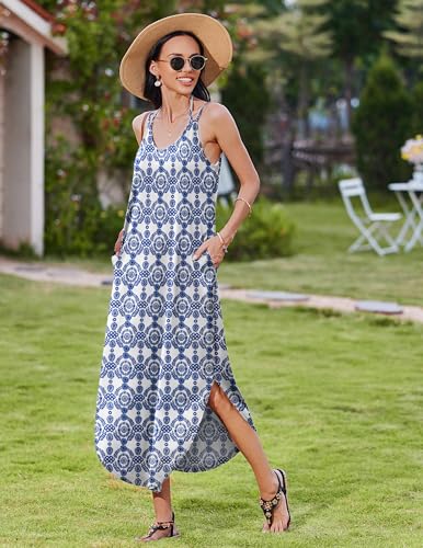Image of Zeagoo Women's Casual Sundress Summer Maxi Sleeveless V Neck Split Boho Beach Dress Travel Vacation Dress with Pockets