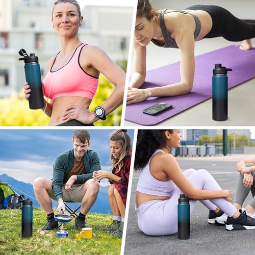 Image of Fijinhom 24 oz Insulated Water Bottle with Handle, 304 Stainless Steel Water Bottles with 2 Lids, Double Wall Vacuum Sports Water Cup with Straw, BPA Free, Keep Cold and Hot, Blue /Black