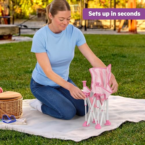 Image of Bright Starts Pop 'N Sit Cabana Baby Beach Portable Booster Chair with UPF Canopy, Floor Seat for Indoor /Outdoor Use, Compact Fold, Pink, 6 Months-3 Years