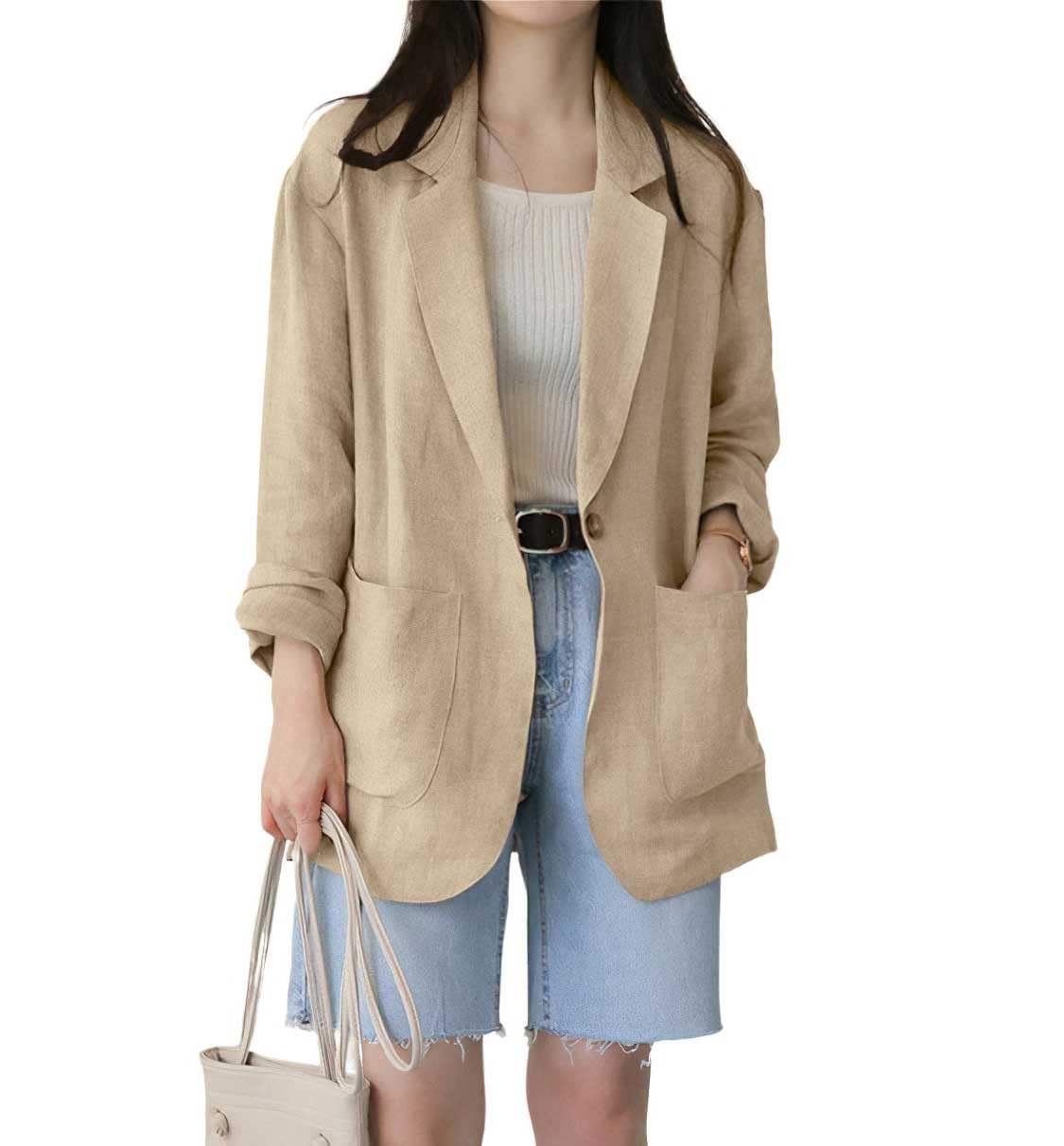 chouyatou Womens Business Casual Blazer Cotton Linen Office Loose Fit Notch Neck Open Front Jacket Coat