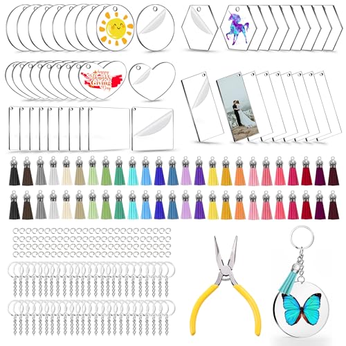 Myzzxt 251PCS Blank Keychains for Vinyl Acrylic Blanks Bulk with 5 Shapes Clear Acrylic Key Rings Leather Tassel Jump Rings and Craft Pliers for DIY Craft Ornament Engrave Painting