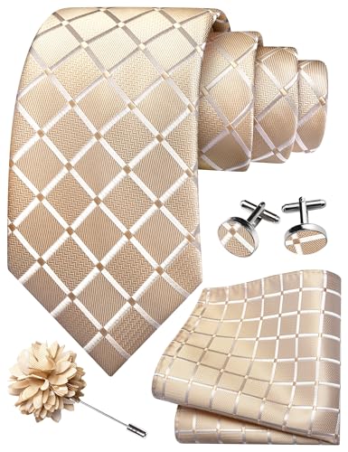 Image of GUSLESON 3.15 inch(8cm) Mens Tie and Lapel Pin Plaid Checkered Necktie Hankerchief Cufflinks Set for Men