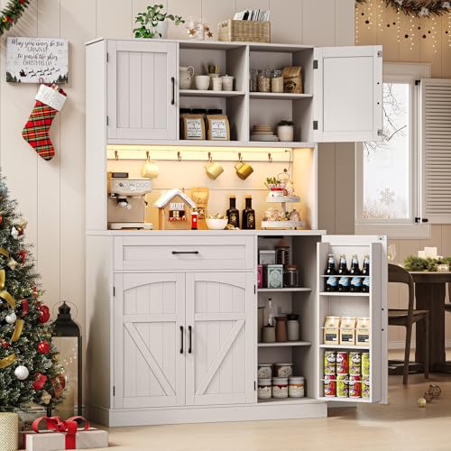 ONBRILL 71" Pantry Cabinet, Kitchen Pantry Storage Cabinet with LED