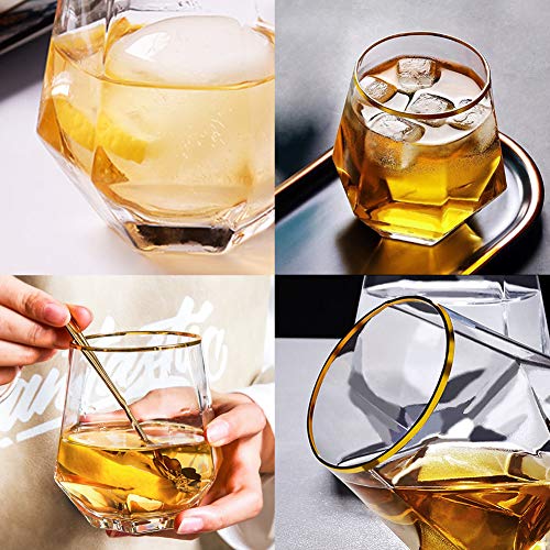 Diamond Whiskey Glasses, 4 Pcs Rocks Glasses Gold Banded Cocktail Drinkware For Rum, Scotch Or Wine Glasses, Tumblers Old Fashion Elegant Glass Unique Christmas New Year Father's Day Gifts (Clear) #TOP1