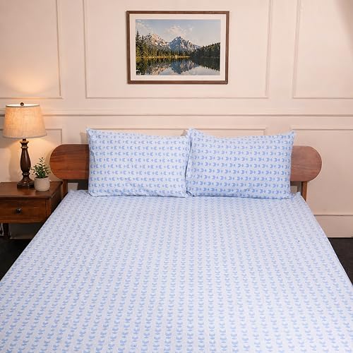 Image of Amazon Brand - Umi Cotton Fitted Bedsheet, Queen Size 78x60 Inches, Elastic Fit Bed Sheet, 10 Inch Deep Pocket, Soft Breathable Bedding, Durable Easy Care, with Pillow Cover-Azure Matrix