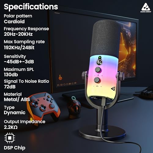 Image of Audio Array AM-C48 XLR /USB Professional Full RGB Dynamic Microphone Kit | AI Noise Cancellation | Touch & Knob Controls | Built-in Headphone Monitoring | Podcasting, Recording, Streaming, YouTube