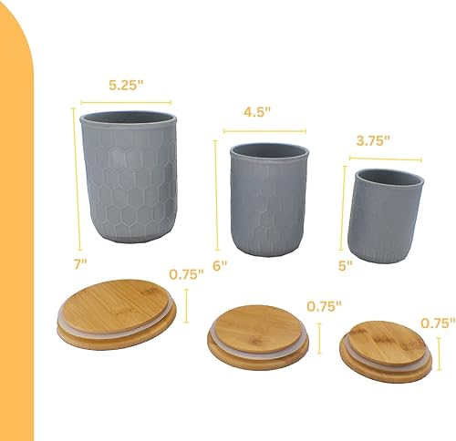 Miniatura 5 de First of a Kind Recipientes de cocina  Recipientes de cerámica gris con tapas de bambú juego de 3 recipientes de almacenamiento  Diseño de panal de