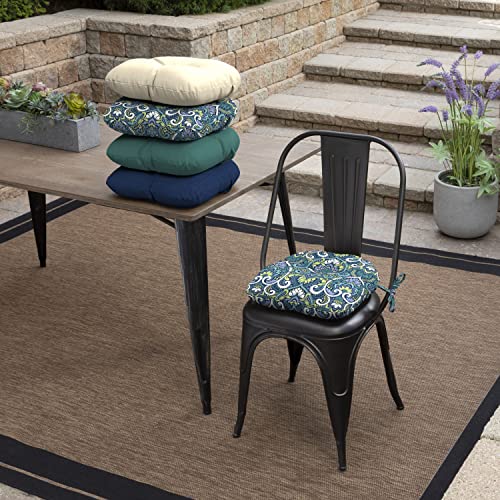 Image of Arden Outdoor Tufted Bistro Seat Cushion, Set of 4, 14.5 in x 15 in, Rain-Proof, Fade Resistant Sapphire Aurora Blue Damask