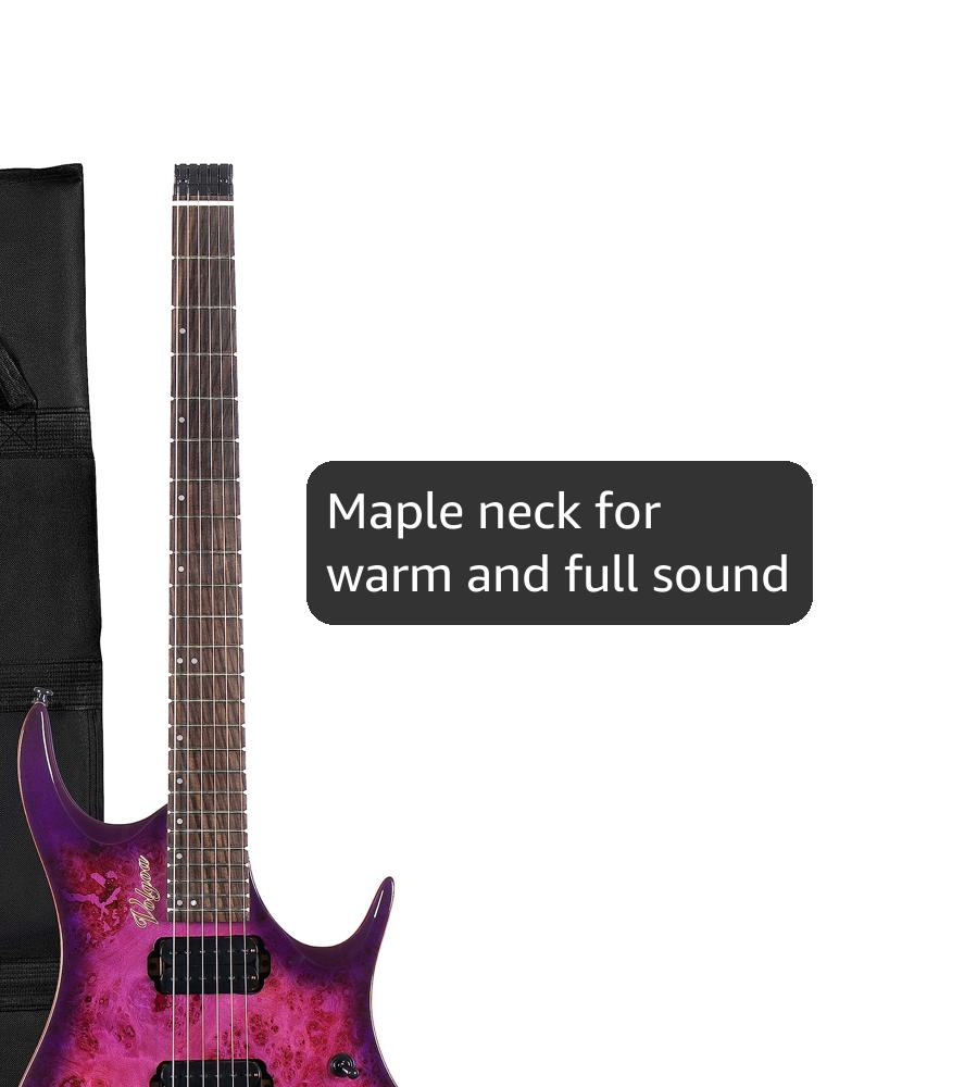 GTWT-01 6-String Headless Electric Guitar with Flame Maple Veneer and Maple Neck, Mahogany Body (Purple)