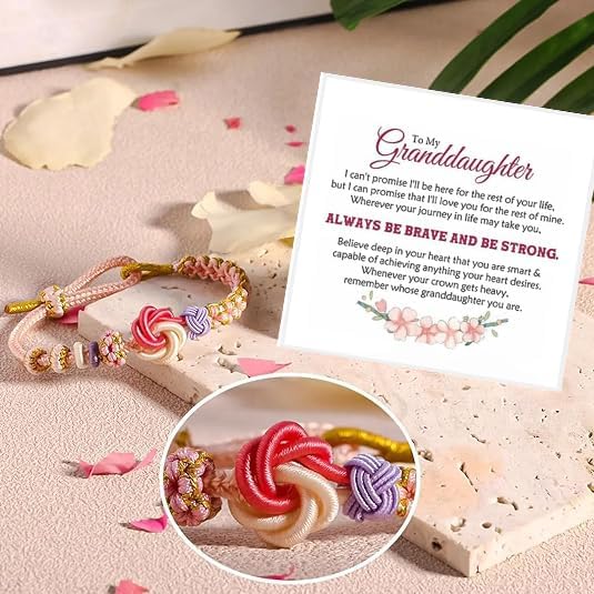 For Granddaughter - A Link That Can Never Be Undone Peach Blossom Knot Bracelet, Granddaughter Bracelet from Grandma Always Brave And Strong Adjustable Hand Braided DIY Bracelet For Women Christmas Jewelry Gifts - Image 3