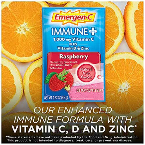 Emergen-C Immune+ Vitamin C 1000Mg Powder, Plus Vitamin D And Zinc (Raspberry Flavor), Immune Support Dietary Supplement Fizzy Drink Mix, Antioxidants & Electrolytes, 0.32 Ounce (Pack Of 10) #TOP2