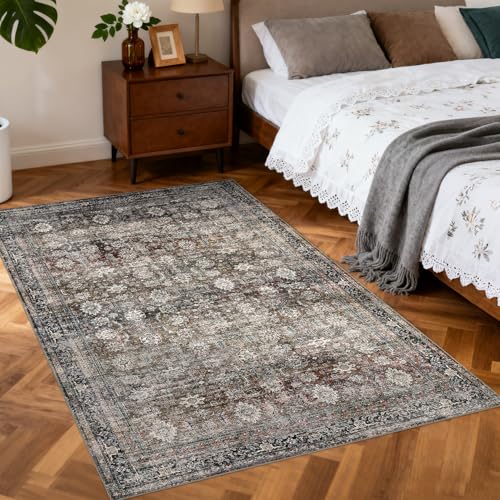 Image of LuxFocus Vintage Distressed Bedside Rug 80x150cm, Machine Washable Area Rugs Living Room, Low Pile Oriental Carpet, Non Slip Traditional Carpets for Bedroom Kitchen Hallway, Red Green