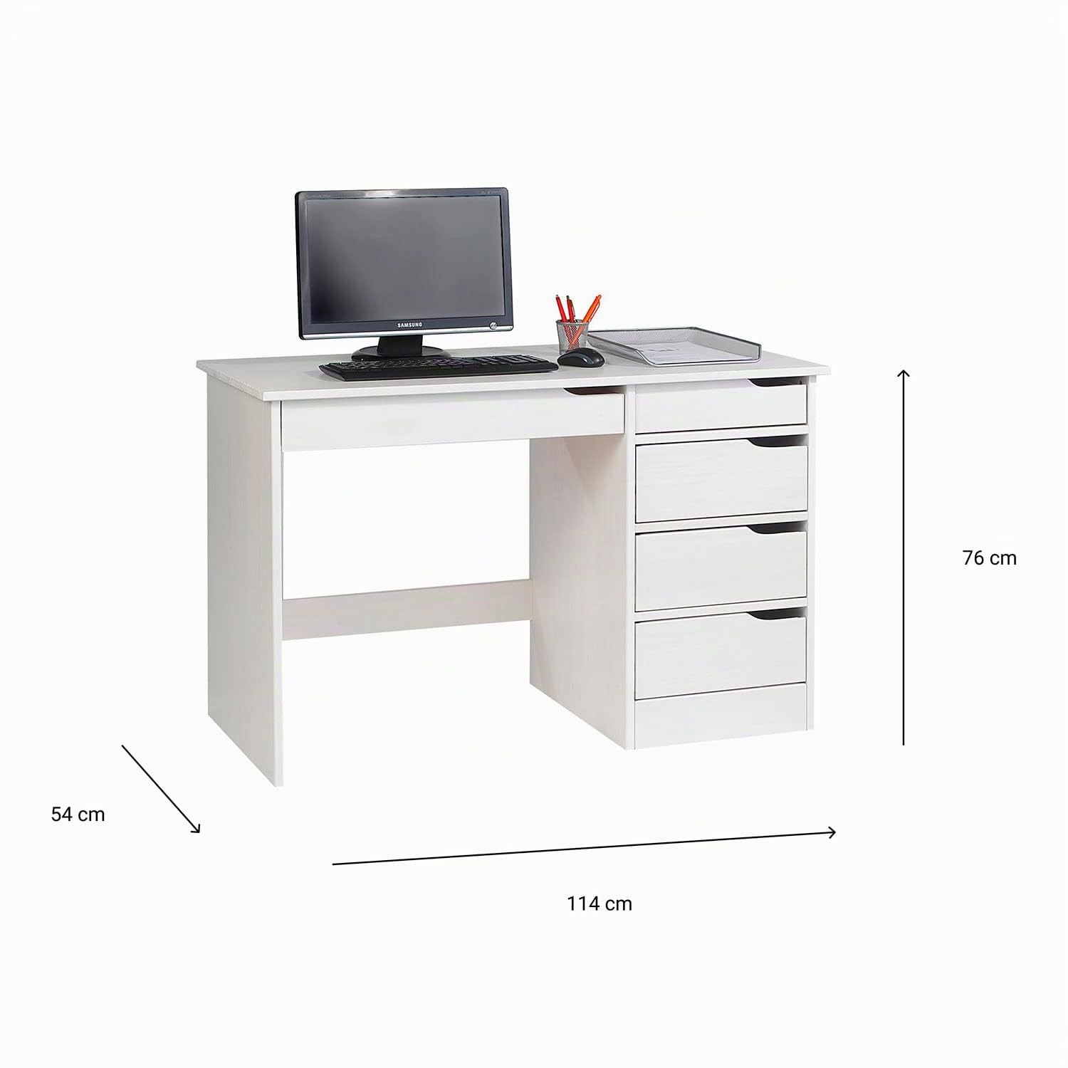 IDIMEX Bureau avec Rangement Hugo Grand Bureau avec 5 tiroirs, au Design scandinave et épuré, en pin Massif lasuré Blanc